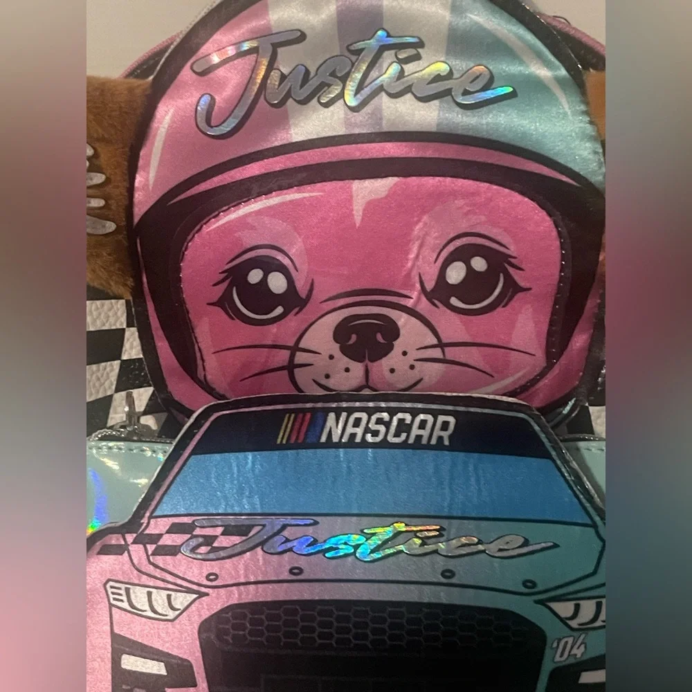 NWT Justice xNASCAR Girls Mini Racer Backpack Checkerboard Pink Multi Plush Ears